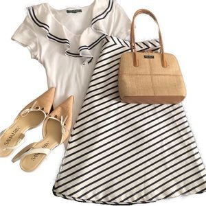 Lands End Ivory Navy Blue High Waist Striped Skirt